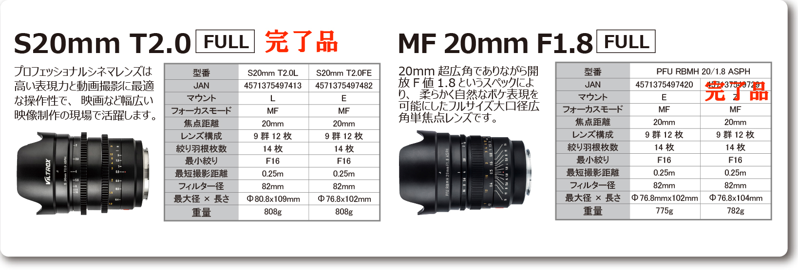 S20mmT2.0フルフレームMF20mmF1.8フルフレーム